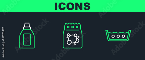 Set line Temperature wash, Bottle for cleaning agent and Laundry detergent icon. Vector