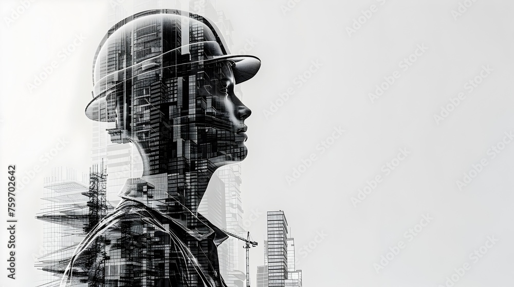 A woman wearing a hard hat stands in front of a city skyline A woman wearing a hard hat stands in front of a city skyline