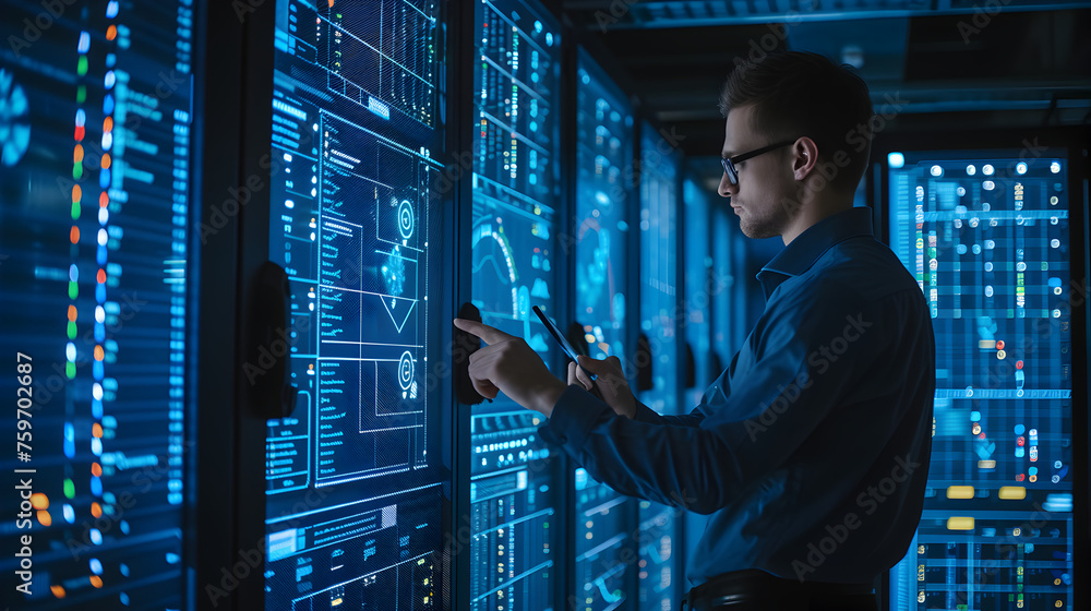 Fototapeta premium It specialist using virtual dashboard in Data Center. Big server farm cloud computing facility with maintenance engineer using touchscreen for global data