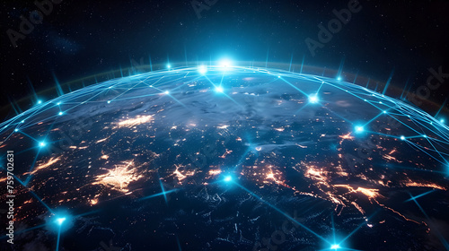 Internet network for fast data exchange over America from space, global telecommunication satellite around the world for IoT, mobile web, financial technology