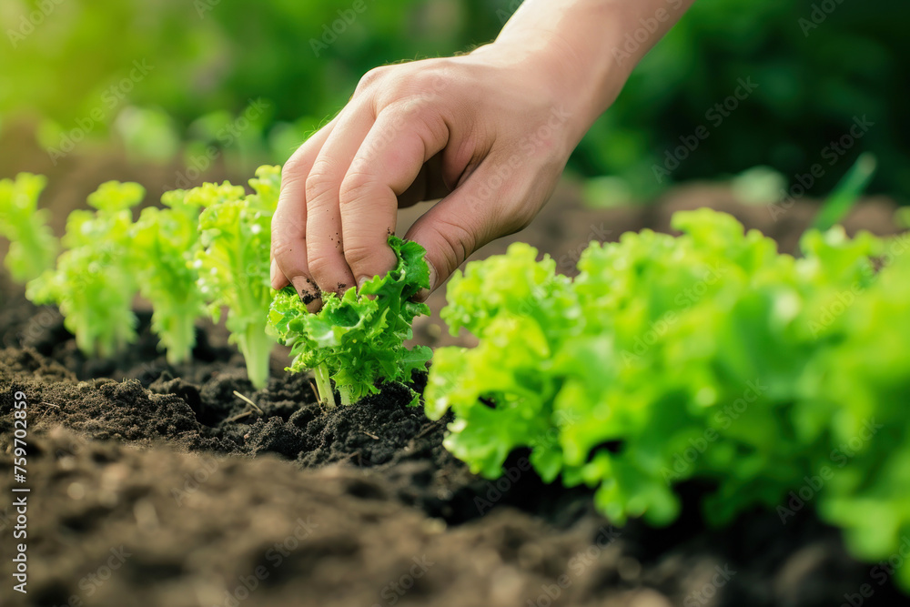 Close up of a farmer hand plating sprout with the Green lettuce in fertile soil. organic planted in a garden Close up of a farmer hand plating sprout with the Green lettuce in fertile soil. organic planted in a garden