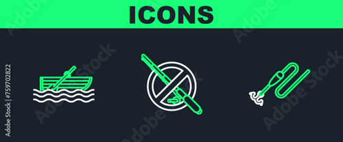 Set line Fishing line with hook and float, boat oars on water and No fishing icon. Vector