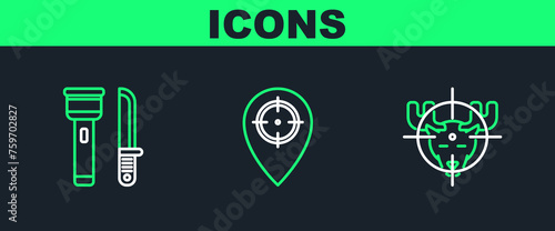 Set line Hunt on moose with crosshairs, Flashlight and knife and place icon. Vector