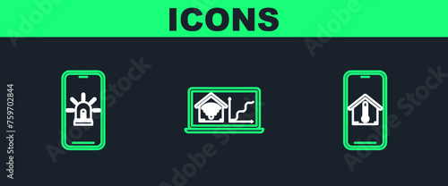 Set line Mobile phone with house temperature, smart and alarm and Laptop home wi-fi icon. Vector