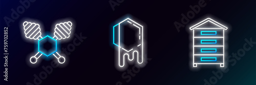 Set line Hive for bees, Honey dipper stick and Honeycomb icon. Glowing neon. Vector