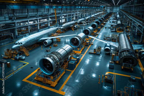 airplane engine production line, wide shot
