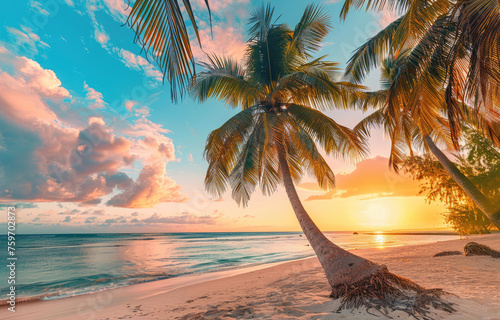 Beautiful sunset on the beach with palm trees in a Caribbean island, Barbados