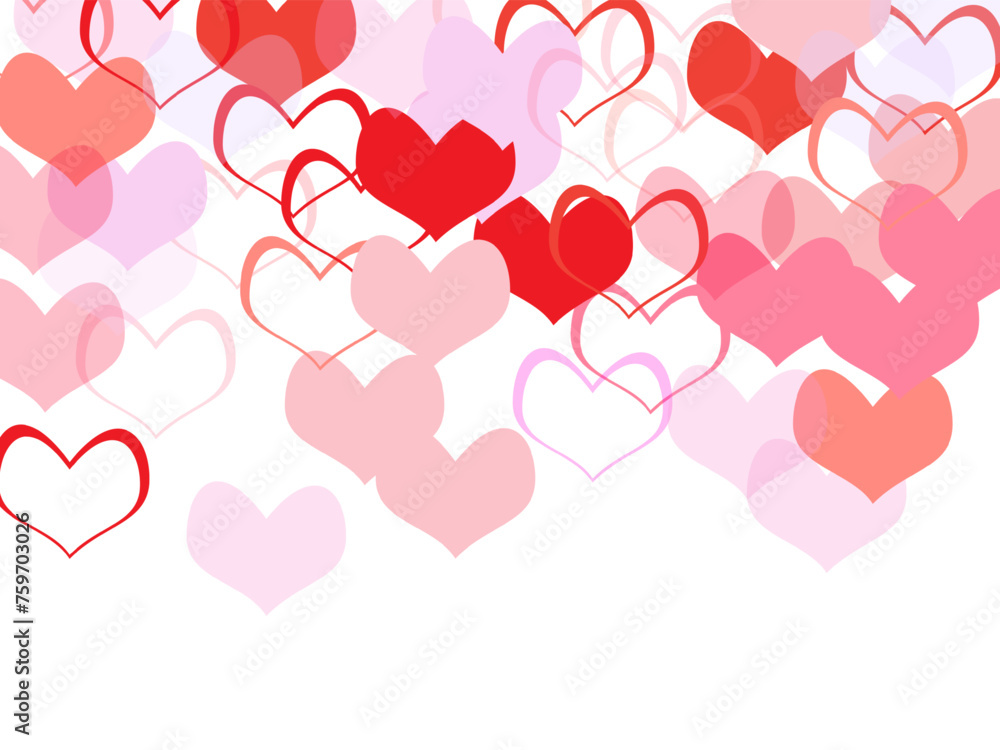 Red hearts confetti. Scatter cornered border on white valentine background.