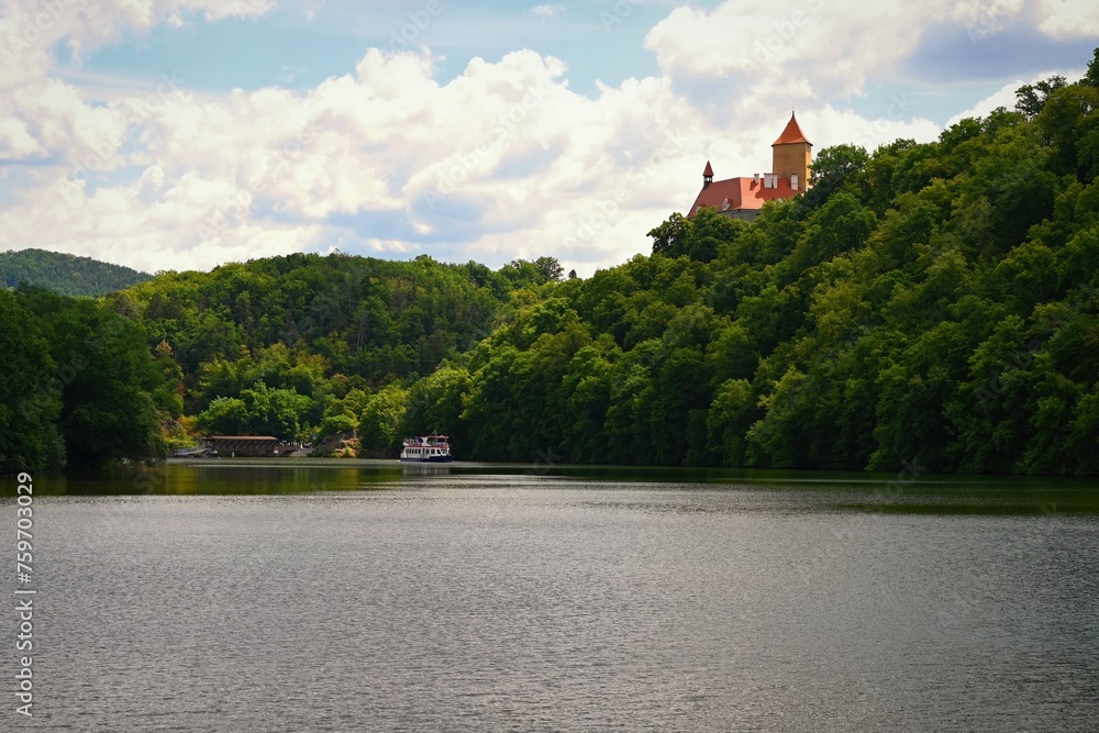 Obraz premium Beautiful Gothic castle Veveri. The city of Brno at the Brno dam. South Moravia - Czech Republic - Central Europe. Spring landscape.