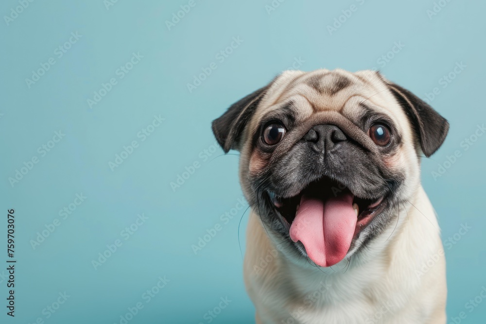 Happy smiling pet pug dog isolated with blue background, dog sticking out tongue on flat background