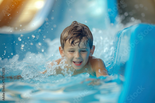 Happy boy going down the water slide in the water park  joyful children having fun splashing into pool