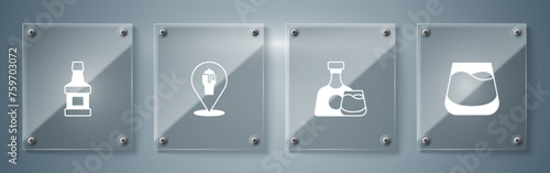 Set Glass of whiskey, Whiskey bottle and glass, Alcohol or beer bar location and . Square glass panels. Vector