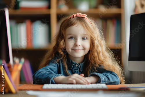 Happy little schoolgirl student watch online video lesson on computer laptop