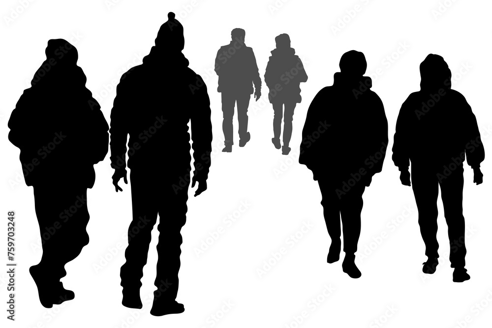 Vector silhouettes of people walking forward, backward. Men and women in pairs back view, crowd of pedestrians, in warm clothes Vector silhouettes of people walking forward, backward. Men and women in pairs back view, crowd of pedestrians, in warm clothes