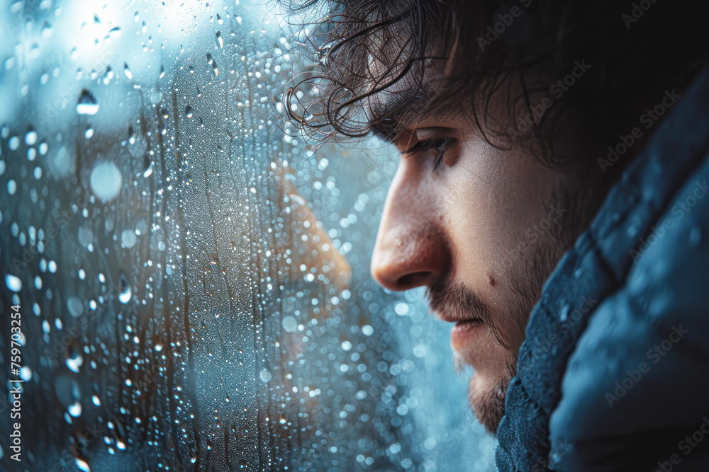 Man looking through a rainy window in mood of sadness and depression Man looking through a rainy window in mood of sadness and depression