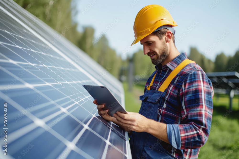 Male electrician engineer in safety helmet and uniform use tablet checking solar panels