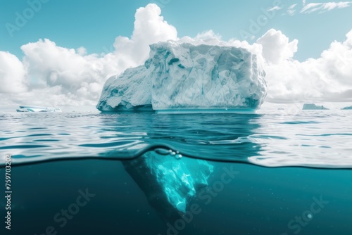 Lone iceberg in the ocean, iceberg above the water and under water floating in the serene sea photo