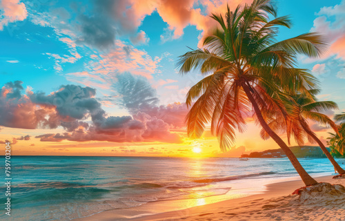 Beautiful sunset on the beach with palm trees in a Caribbean island, Barbados