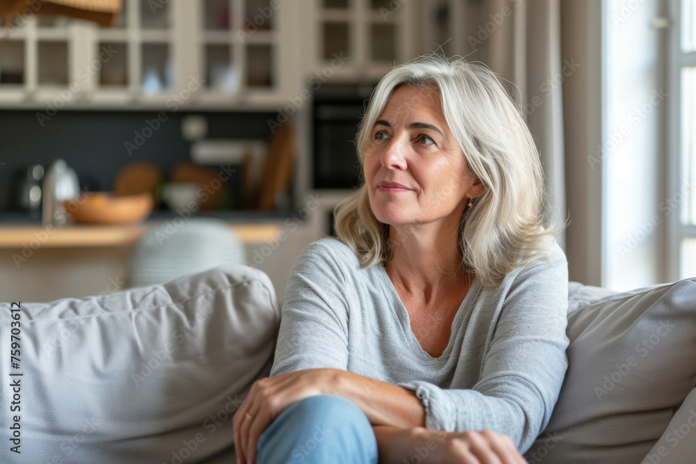 Obraz premium Thoughtful middle aged woman looking away sitting alone in her couch at home