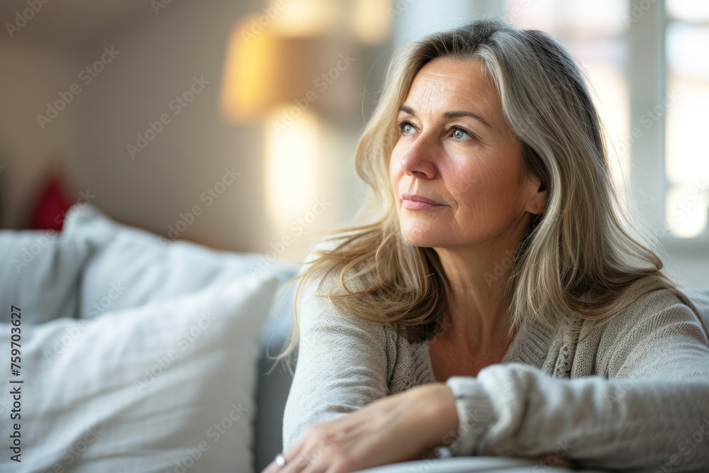 Thoughtful middle aged woman looking away sitting alone Thoughtful middle aged woman looking away sitting alone