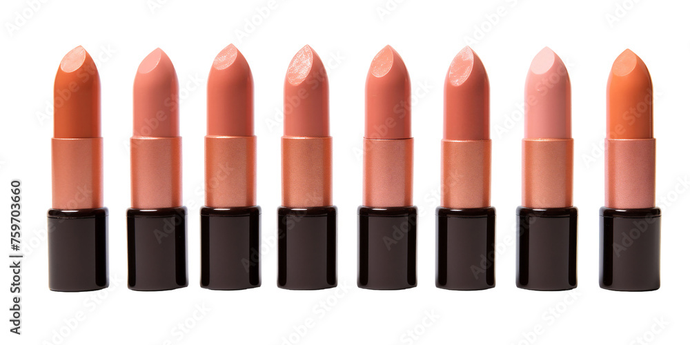 Obraz premium Multiple different tone peach fuzz color lipstick in a black case in a row on a white background. Make up a product photo shoot. Copy space, PNG, transparent background.