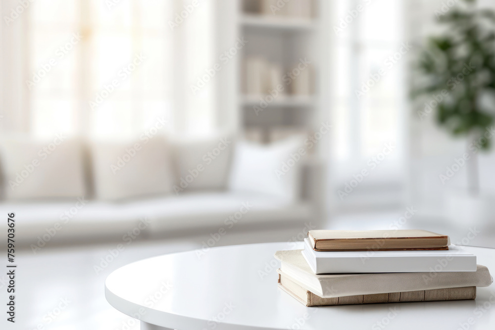 Fototapeta premium White table with books over a blurred modern white living room in the background