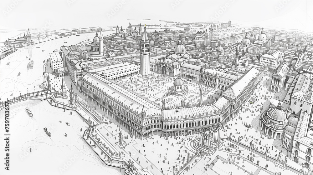 Detailed sketch of an expansive, historic cityscape.