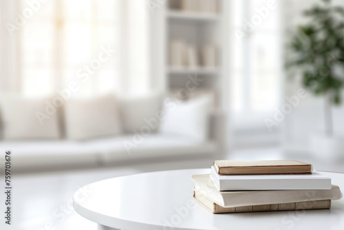 White table with books over a blurred modern white living room in the background