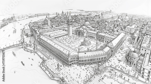 Detailed sketch of an expansive  historic cityscape.