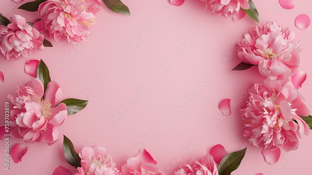 Circle Floral Frame with Peony Border. Pink, Mother's Day or Valentine concept with copy space