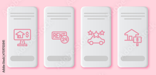 Set line Online real estate, Rent, Car sharing and House with dollar. White rectangle button. Vector