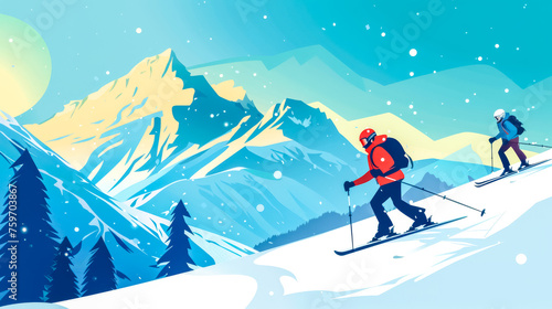 Winter wonderland adventure - skiers on mountain slope