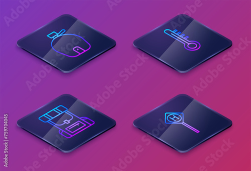 Set Isometric line Canteen water bottle, Hiking backpack, Meteorology thermometer and Parking. Blue square button. Vector