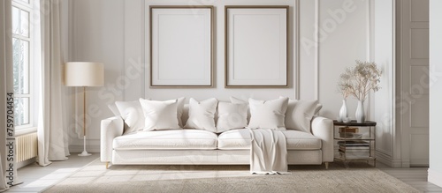Elegant living room with white and beige tones showcasing a fabric sofa and carpeted floor. Mockup frame displayed. Simplistic classic interior design .