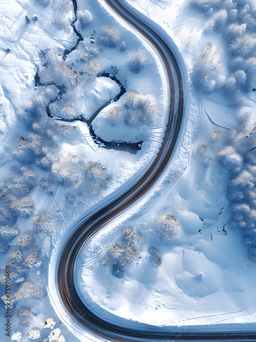 An electric blue vehicle door on a snowy winding road © Nadtochiy