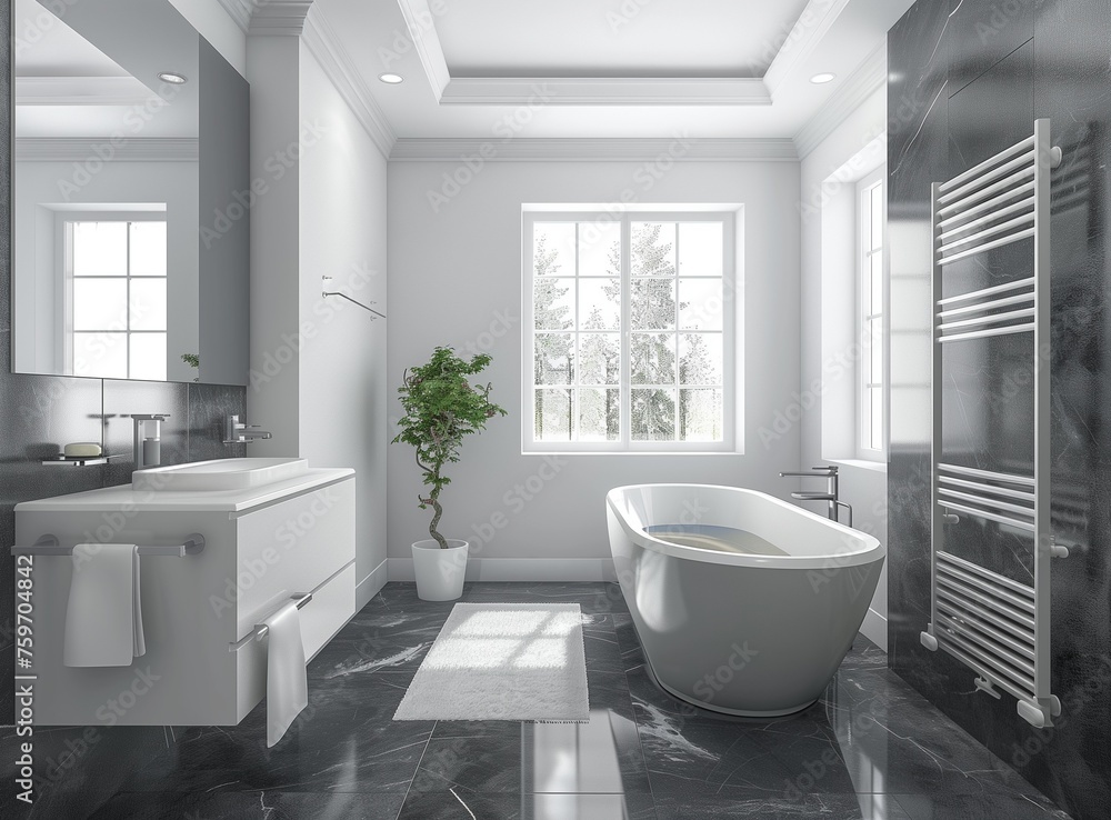 bathroom with gray walls, large window and white washbasin. modern style bathroom with gray walls, large window and white washbasin. modern style