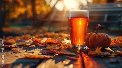 An autumn-inspired scene with a pumpkin-flavored beer beside a small pumpkin and colorful fall leaves on a wooden table during golden hour