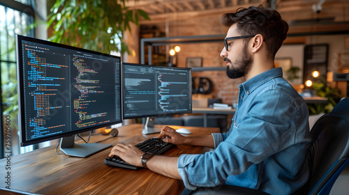 Male tester coding on desktop computer with two monitors set up in creative office