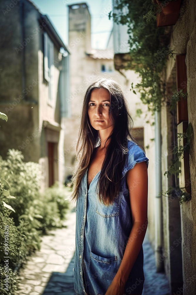 Fototapeta premium Portrait of a young woman in blue denim dress standing on the old town street.