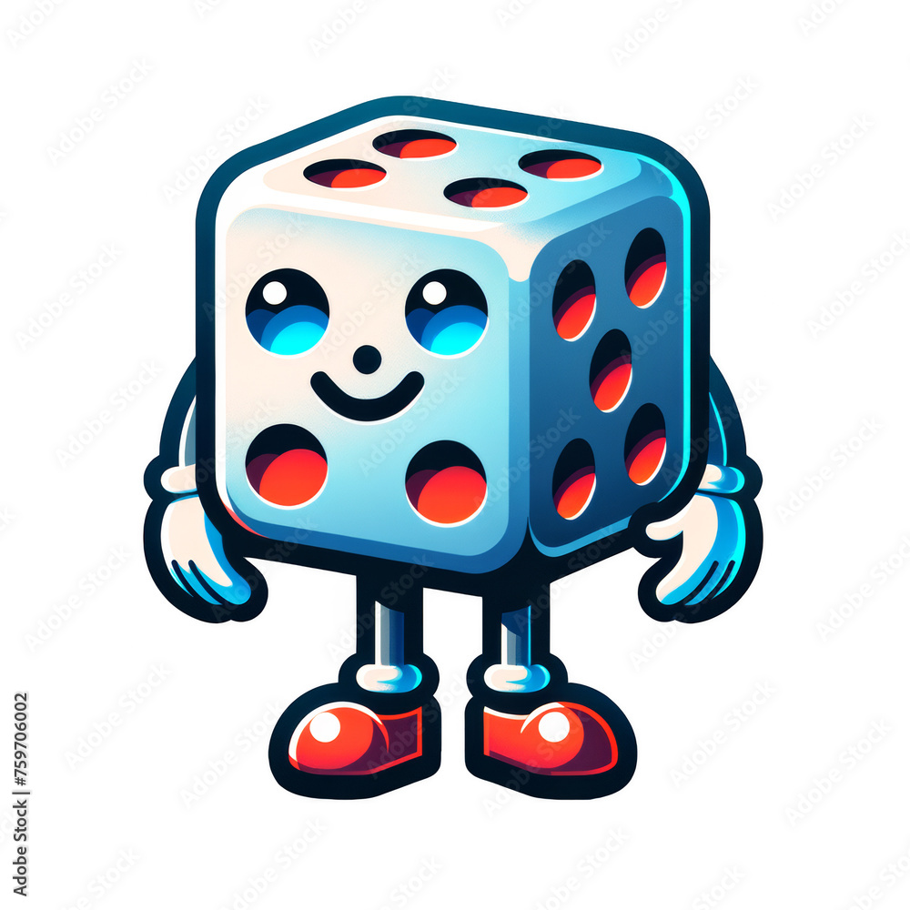 Happy cartoon white dice character emoji. Concept of risk and reward, gambling, gaming. luck, playfulness, fun, randomness, probability. Transparent background. Isolated 3D icon.