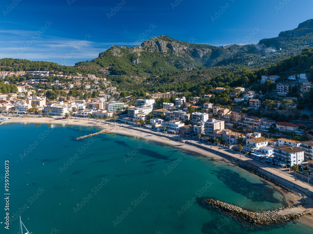 The aerial view of Port de Soller, located in Mallorca, Spain