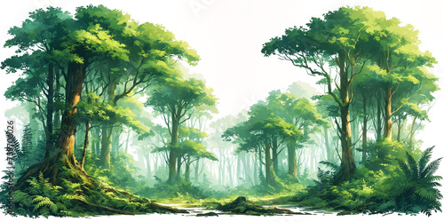 A highly detailed and artistic forest scene. The trees are meticulously painted, with a large number of leaves covering the entire scene. The background is a white, creating a contrast