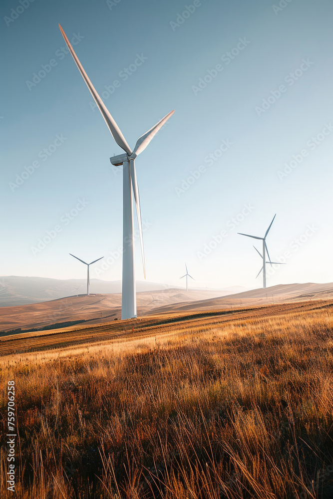 Large wind turbines stand tall in a golden field against a clear sky during sunset, capturing renewable energy from the wind in a natural landscape. Large wind turbines stand tall in a golden field against a clear sky during sunset, capturing renewable energy from the wind in a natural landscape.