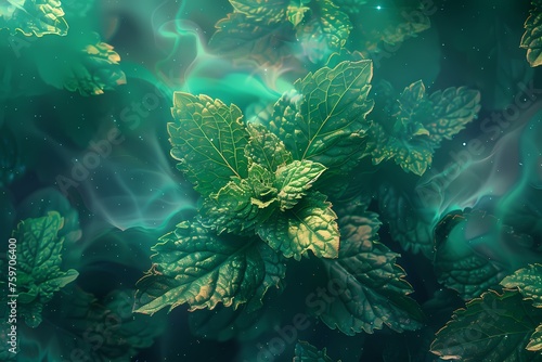 Mint leaves with green  colors blending one into other universe 