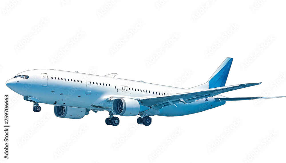 Image of a commercial airplane, mid-flight, with blue and white colors, ideal for travel and aviation-related content, with a clean white background.