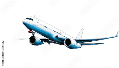 Commercial jetliner depicted with landing gear down, in a sky-blue and white color scheme, perfect for use in transport and tourism themes, against a transparent backdrop.