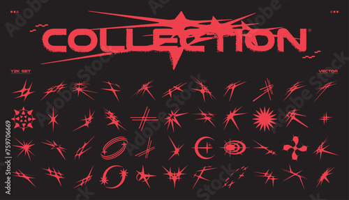 Collection Y2K graphic. Deformed perspective star in brutalist style, sharp and thorny gothic elements, universal shapes for design. Vector set