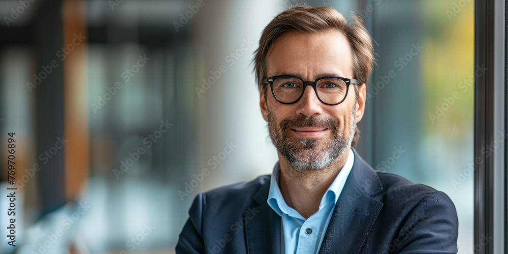 A friendly-looking businessman indoors with glasses and a beard, stands confidently in a relaxed business setting A friendly-looking businessman indoors with glasses and a beard, stands confidently in a relaxed business setting
