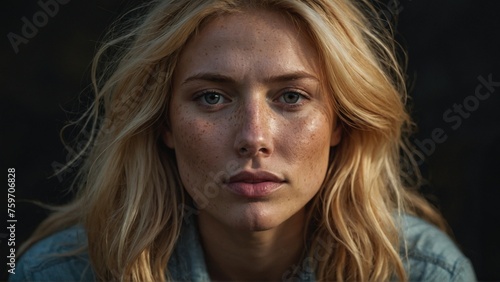 a gorgeous woman with golden blonde hair, fair skin and a few light freckles on her nose. 