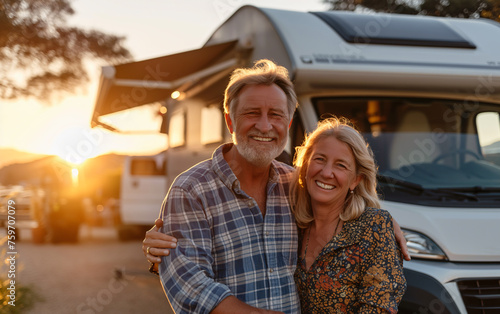 Smiling middle-aged couple on holiday beside a modern motorhome parked near the sea with a lighthouse in the background, golden hour. Concept of retired people enjoying dynamic and itinerant holidays